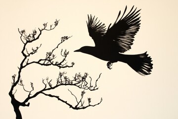 black bird is flying over a tree branch. the bird is silhouetted against the tree. concept of freedo