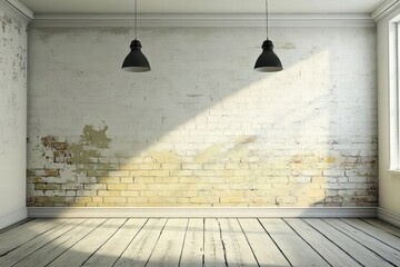 Poster - empty room with chaotic wall design and natural light streaming through window, showcasing raw urban