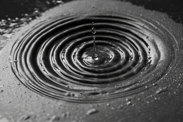 Poster - Drop of water falling into a circular puddle. The water is dark and the puddle is black