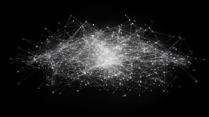 Poster - This abstract image depicts a complex network of interconnected data points set against a dark background, representing technology and data analysis.