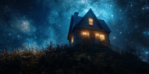 Poster - A stunning image of a lonely house illuminated against a vast night sky. The star-filled cosmos creates an enchanting atmosphere, promoting a sense of tranquility and wonder.