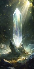 Poster - A mesmerizing crystal stands in a sunlit forest, bathed in ethereal light, creating a magical and mystical atmosphere.