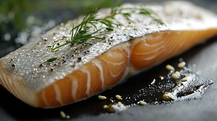 Wall Mural - Raw salmon fillet, seasoned, close-up, dark background, food photography.