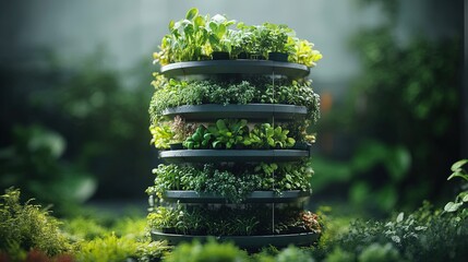 Wall Mural - Modern hydroponic tower with stacked herbs and greens, futuristic agricultural setup