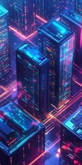 Poster - Isometric Grid Representation of Server Storage Units with Neon Accents in a Futuristic Data Center Environment