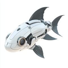 Poster - High-tech robotic fish showcasing intricate mechanical design and futuristic technology in a sleek, minimalist style.