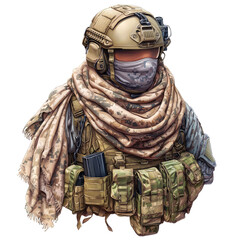 Digital art of a soldier in camouflage uniform and tactical gear.  A detailed illustration of military equipment and attire.