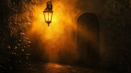 Poster - A beautiful lantern illuminates a doorway, creating a warm, inviting glow. The surrounding foliage adds a sense of mystery and serenity to this enchanting scene.