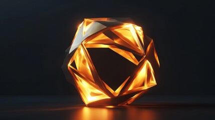 Poster - A large, glowing, abstract shape sits on a dark surface. The shape is made of paper and he is a sculpture. The light shining on it creates a sense of depth and dimension