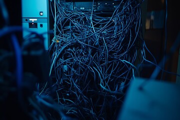 Poster - A chaotic scene of tangled network cables in a server room illuminated by blue lighting, showcasing the complexity and intricacies of modern digital infrastructure.