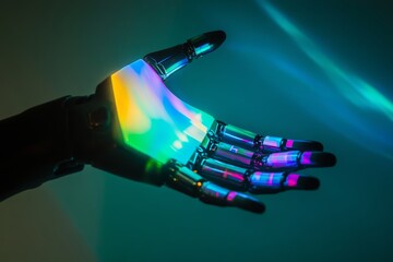 Poster - A robotic hand illuminated by colorful neon lights, showcasing advanced technology and innovation in a dark setting.