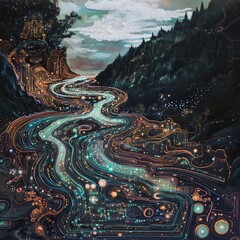 Poster - A mesmerizing digital artwork featuring a glowing river flowing through a mystical forest under a starry night sky.