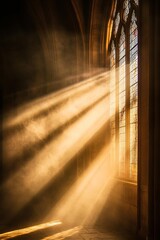 Poster - A stunning display of sunlight streaming through a stained glass window, casting beautiful rays and shadows in a serene historic interior, creating a tranquil atmosphere.