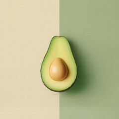 Poster - Simple avocado shape showcasing its seed on a green and beige background with ample copy space for text. Generative AI