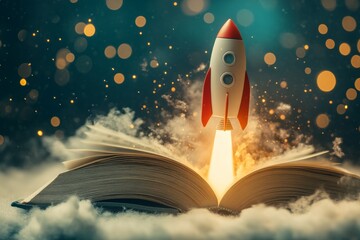 Poster - Rocket Blasting Out of Book Symbolizing Knowledge and Imagination