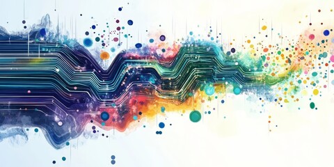 Poster - Abstract Watercolor Illustration of Flowing Big Data with Colorful Elements and Digital Patterns