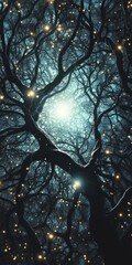 Poster - A captivating view from below the tall, dark branches of trees, illuminated by glowing lights, creating a mystical ambiance reminiscent of an enchanted forest.