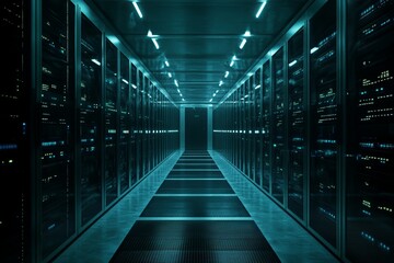 Poster - Explore a futuristic data center featuring illuminated server racks in a spacious corridor, showcasing advanced technology and digital infrastructure.
