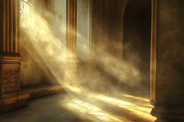 Poster - Discover a serene architectural space illuminated by ethereal light. Rays of sunlight cast surreal shadows, creating a tranquil ambiance infused with history.