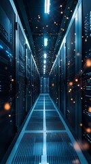 Poster - Explore a futuristic data center corridor filled with server racks, glowing blue lights, and dynamic digital connections, representing advanced technology and innovation.