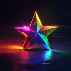 Poster - a colorful star is lit up and placed on a dark surface. the star is made of shiny, reflective materi