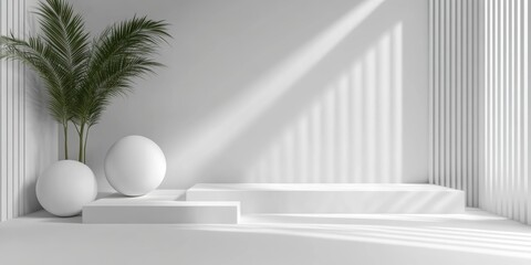 Poster - A white room with a white wall and a white couch. There are two white vases on the floor