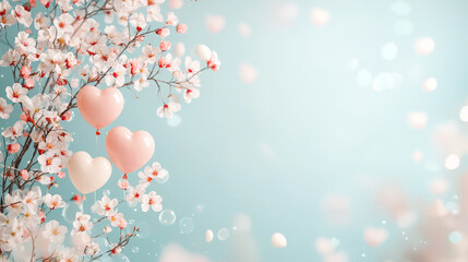 Wall Mural - Romantic heart-shaped balloons and blooming cherry blossoms serene nature setting digital art cheerful atmosphere close-up view love and joy concept