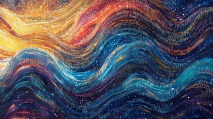 Poster - Explore a vibrant abstract digital background featuring flowing waves of light, resembling cascading code, perfect for various creative projects.