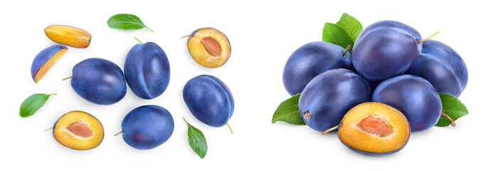 Wall Mural - fresh plum and half with leaves isolated on white background. Top view. Flat lay