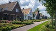 architectural free standing houses, place on big parallel pieces of land with space and greenery between them