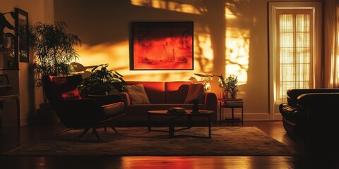 Poster - A living room with a red couch and a black chair. A painting is on the wall. There are two potted plants in the room