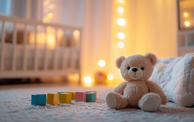 Wall Mural - A charming baby's bedroom featuring a cute teddy bear toy on the floor, colorful blocks nearby, a neatly made bed, and warm pastel lighting with a dreamy bokeh blur effect