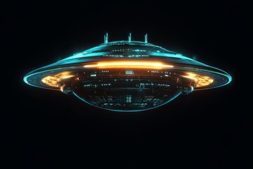 Wall Mural - blue and orange spaceship is flying in the sky. the spaceship is surrounded by a glowing blue light