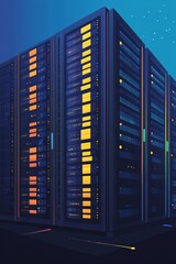 Poster - A vibrant and sleek portrayal of a modern data center filled with illuminated servers, showcasing advanced technology and a futuristic vibe.