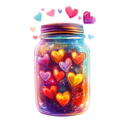 Aufkleber - A mason jar filled with colorful hearts floats against a white background some hearts spill from the jar.