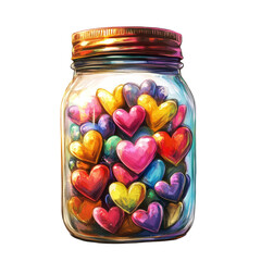 Poster - A mason jar is filled with many brightly colored painted hearts symbolizing love and happiness.