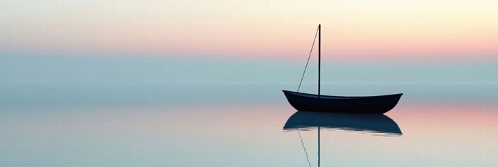 Aufkleber - Calm water with a simple boat silhouette reflecting soft hues at dusk showcasing peaceful surroundings and tranquility. Generative AI