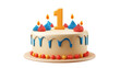 © Phatharaporn - birthday cake concept. Birthday cake with a bright number one candle atop colorful decorations.