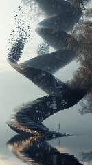 Poster - This surreal artwork showcases a twisting structure resembling data merging with nature, reflecting tranquility in a dreamlike landscape.