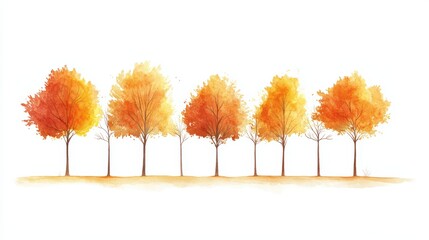 Wall Mural - Watercolor painting of six autumn trees in a row.