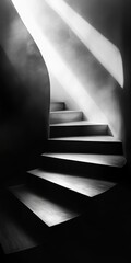 Poster - A striking black and white image of a modern staircase with dramatic lighting and shadows, showcasing architectural elegance.