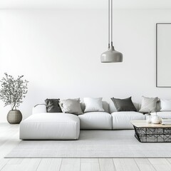 Poster - A white couch with pillows and a vase of olive trees. A coffee table with a basket on it