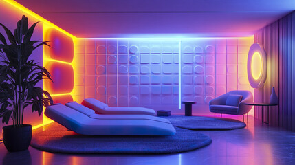 Wall Mural - Futuristic room with neon lighting and modern furniture design