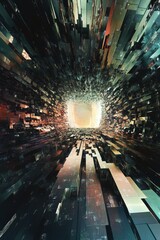 Poster - Explore a surreal realm where digital data flows through distorted designs, creating a vibrant abstract landscape filled with light and geometric forms.