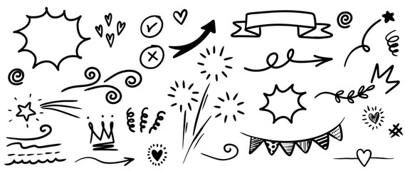 Leinwandbilder - Hand drawn doodle style collection of heart, scribble, star, check mark, spirals, arrow, highlight, speech bubble, underline, sparkles, leaves, wind, lightning, and emphasis element.