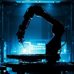 Poster - A robotic arm in a modern lab setting, illuminated by blue neon lights, showcasing advanced technology and innovation.