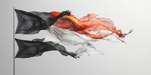 Poster - A striking abstract flag with flowing fabric in black, red, and white, set against a minimalist backdrop, conveying motion and creativity.