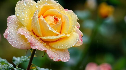 Wall Mural - Beautiful yellow and pink rose covered in water droplets in a garden setting during springtime