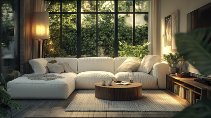 Poster - Contemporary living room with crisp white sofa and round table