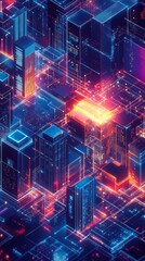 Poster - Isometric Abstract Digital Network Illustration with Bright Colors and Data Elements in Modern City Design